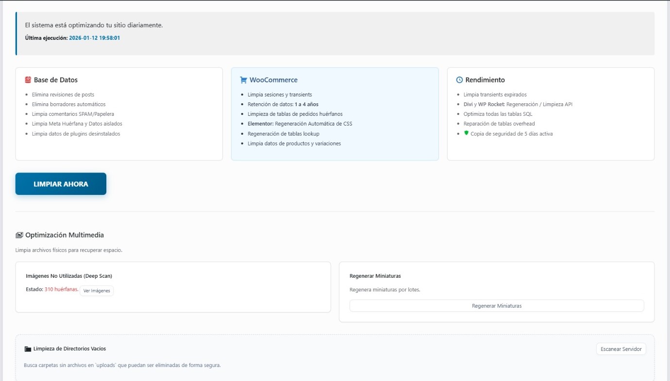 WP Cleaner Pro – Optimización Total de WordPress, Base de Datos, WooCommerce y Medios